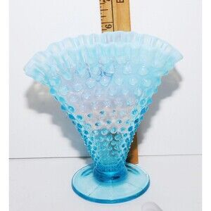 Fenton Blue/Teal Opalescent Hobnail Fan Vase Art Glass